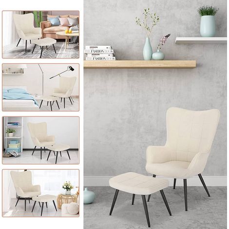 WOLTU Relaxsessel Lehnstuhl Sessel Polstersessel mit Hocker cremeweiß (1/4)