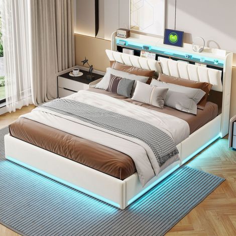 Lit 160x200 beige avec coffre hydraulique, led lit avec sommier et port usb, tête de lit rangement ouvertesdissimule, cadre lit adulte velours (1/5)