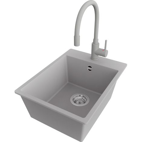 PRIMAGRAN Evier Cuisine en Granit 38x50cm,Lavabo 1 bac + Robinet 38x14cm + Kit de Vidage, Évier à Encastrer au meuble 40cm - Riga, Gris (1/5)