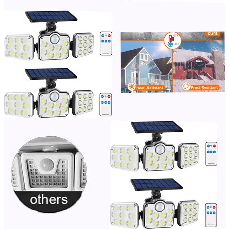 Lot de 4 projecteurs solaires extérieurs 138 LED 2200 lm avec télécommande, étanche IP65, 3 têtes réglables, grand angle 270°, lumière de sécurité sans fil pour garage, terrasse, porche, jardin (1/5)