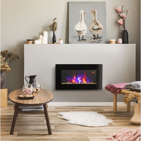 Chimenea eléctrica mural LED 1000/2000 W, 7 colores, mando a distancia, negra DESVIAE (1/5)