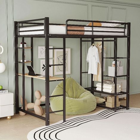 Multifunktionales Hochbett 90x200 cm mit Schreibtisch und Kleiderschrank, Metallbett Schwarz mit Leiter und Regalen für Jugendzimmer (1/5)