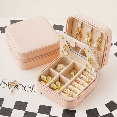 Boîte à bijoux de voyage, boîte de rangement pour colliers avec miroir, mini boîte à bijoux portable, boîte à bijoux en cuir PU étanche (rose nude)