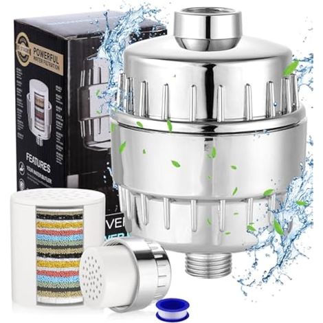 Filtre de douche, purificateur d'eau universel 25 étages, avec 2 cartouches, haute pression, élimine chlore et fluor, élimine les irritants nocifs pour la peau (1/4)