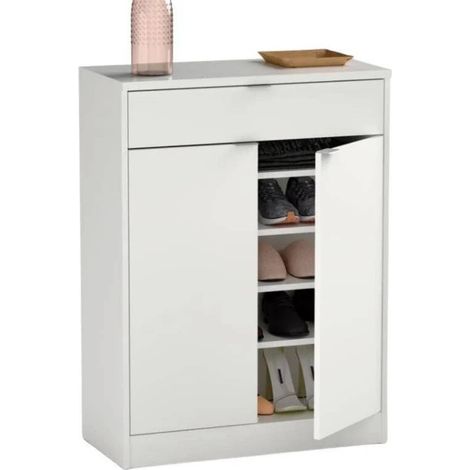 Meuble à chaussures d'entrée avec tiroir et 4 étagères réglables, Blanc brillant, pour 20 paires de chaussures, 101x75x36cm, modèle Berlin (1/4)