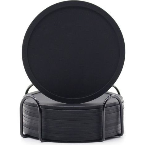Juego de 12 posavasos redondos de silicona negra, 10 x 0,3 cm, antideslizantes, resistentes al calor, con borde elevado, ideales para bebidas, bares, tazas y mesas. (1/5)