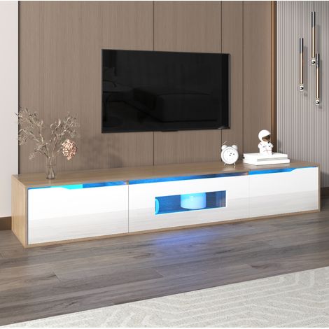 Mueble TV blanco brillo con LED y madera OKMYHOME (1/5)
