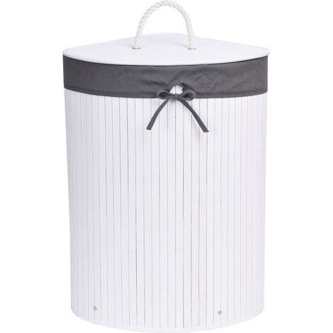 Cesto de ropa esquinero de bambú con tapa, blanco y gris.