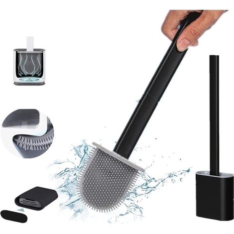 Brosse WC TPR Silicone et Support, Brosse de Toilettes Détachable à Manche Long, Montage Au Sol/Mur avec Base de Filtre à Eau, Balayette WC pour Les Petits Espaces Entre Les Toilettes Mur(Noir) (1/4)