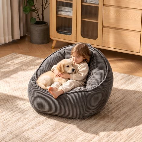Fauteuil pouf en velours côtelé doux format – Sans montage prêt à l’emploi – Siège enveloppant pour coin lecture, salon et chambre d’enfant – 72×69×51 cm – Gris (1/5)