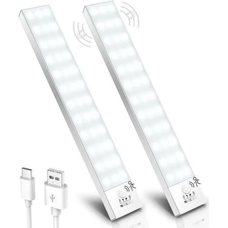 lumière blanche froide,2 Pack,Lampe de Placard, 5000K LED Cuisine Sous Meuble Detecteur de Mouvement 23CM 1000mAh 36 LEDs SANPIE (1/4)