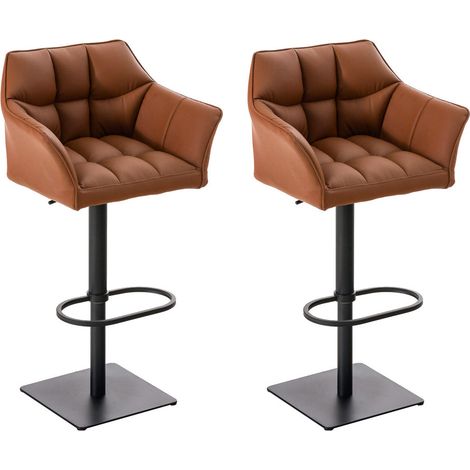 Juego de 2 taburetes de bar regulables en piel sintética marrón claro con asiento acolchado y envolvente y base cuadrada de metal negro 100006386
