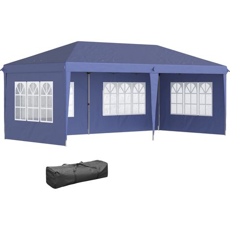 Pavillon de réception 2,95 x 5,85 m, pavillon pliable avec protection UV, pavillon pop-up avec fenêtres et parois latérales, tente de jardin en tissu Oxford et acier, bleu