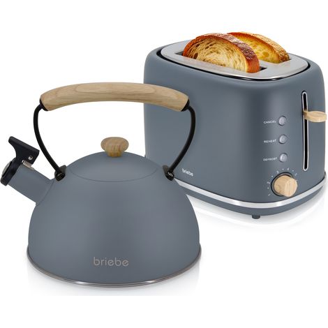 Briebe SKT1177GRY Nordic Ensemble Grille Pain 2 Fentes Larges, Bouilloire Sifflante Induction 2,3L 870W Gris