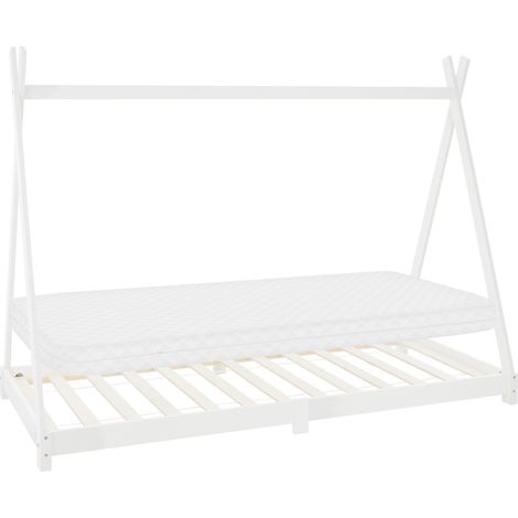 ML-Design Kinderbett Tipi 90x200 cm Weiß mit Matratze H:10cm, Lattenrost, Indianer Bett aus Kiefernholz, Hausbett für Mädchen/Jungen, Bodenbett Kinderhaus Jugendbett Holzbett Bettenhaus Spielbett Zelt