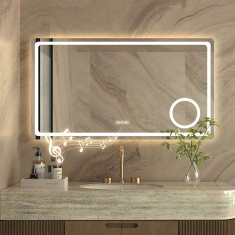 3X Loupe Miroir de Salle de Bain avec Éclairage LED 100×60 cm avec Bluetooth,antibuée,lumière réglable 3 couleurs,variateur d'intensité,mémoire