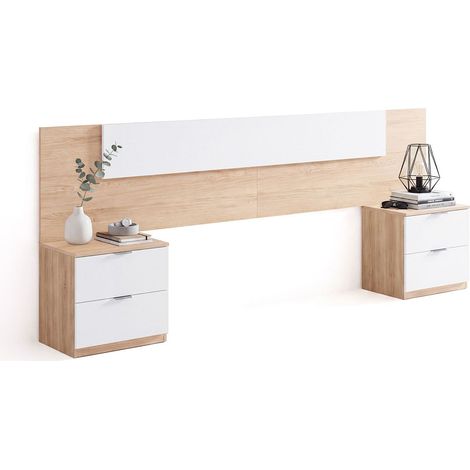 Cabecero para cama de 135-150 cm y 2 mesitas con cajones Akari Roble Canadian - Blanco Artik (Blanco Mate) 247cm (ancho) x 50,5cm (alto) (1/5)