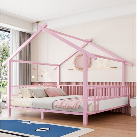 Letto per bambini in metallo 140x200 cm rosa a casetta con sponde di sicurezza e tetto decorativo (1/5)