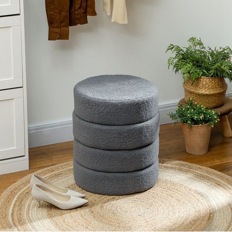 Puf redondo (41x41x50 cm), asiento acolchado, patas con protectores, poliéster gris oscuro (1/5)