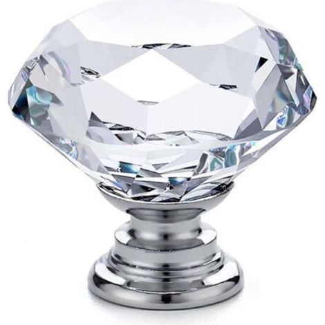 20 x poignées et boutons de meubles en verre – poignées de porte d'armoire – poignées de tiroir – diamant en verre cristal transparent + base argentée – 30 x 28 mm (1/4)