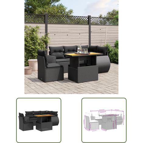 The Living Store Salon de jardin 6 pcs avec coussins noir résine tressée - Salon De Jardin - Meuble Extérieur - Set Salon - Résine Tressée - Rotin Synthétique (1/3)
