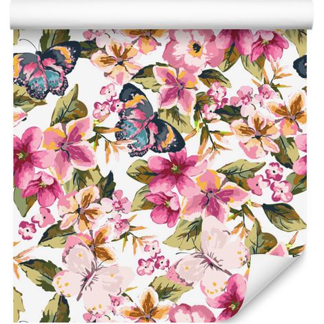 Papel pintado con mariposas, flores y hojas de colores para salón y dormitorio, 50x1000 cm. (1/5)