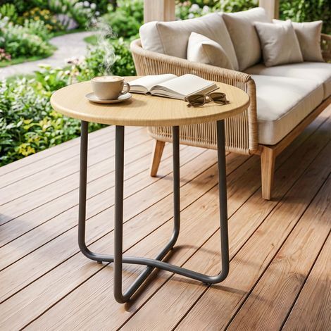 Runder Metall-Gartentisch für Balkon und Terrasse, Ø 48 x 51 cm, Holzoptik (1/5)