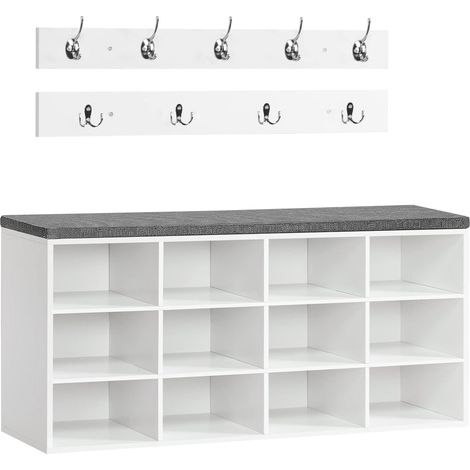 Banc à Chaussures, Banc de Rangement avec 12 Compartiments, Étagère à Chaussures, Porte-Manteau, 100 x 30 x 48 cm, Entrée, Couloir, Chambre, Blanc et Gris (1/5)