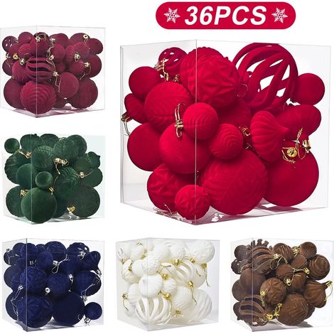 Boules De Décoration De Noël - 36 Pièces - En Plastique Incassable Recouvertes De Velours - Rouge Vin - Pour Arbre De Noël Et Décor Festif (1/2)