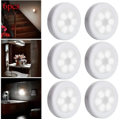 Lot de 6 veilleuses à 6 LED avec détecteur de mouvement, allumage/extinction automatique pour couloir/cuisine/chambre/escalier/placard (blanc, lumière blanche) (1/5)