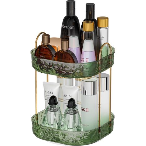 Tourne-disque de rangement maquillage 360°, support rotatif salle de bain, grande capacité organiseur cosmétique étagère vanité plan de travail 2 niveaux vert (1/5)