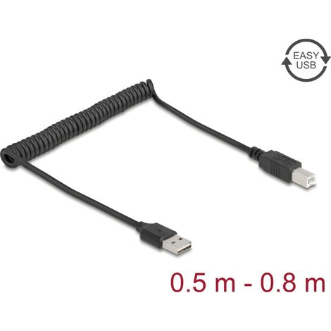 Delock Cable en espiral EASY-USB 2.0 Tipo-A macho a USB Tipo-B macho 0,5 m a 0,8 m negro