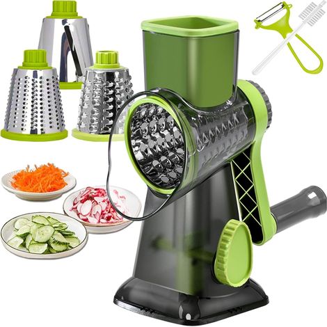 Râpe à Fromage rotative et trancheuse Hachoir à légumes Manuel et déchiqueteuse Mandoline Trancheuse avec 3 Lames de Tambour (vert) (1/5)