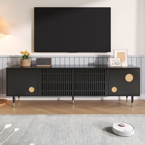 Mobile porta TV nero con struttura a traliccio - Maniglie a scomparsa - Mobile soggiorno 2 ante - 170x36x54 cm