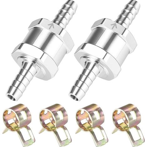 6mm aluminium fuel check valves, 4 clamps, for chrome-plated oil and water, petrol, car, boat, motorcycle, carburetor and low-pressure fuel hose systems (1/5)
