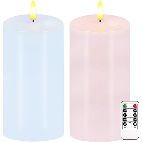 Bougies sans flamme pastel, lot de 2 bougies LED de printemps vacillantes 6"x3" avec télécommande et minuterie, bougies piliers de Pâques en cire véritable dimmables, fonctionnant sur batterie, bougie (1/5)