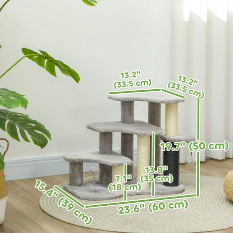 Arbre à chat 2 en 1 gris clair avec escalier et griffoir, 3 marches, balles de jeu incluses, pour lit, canapé ou fauteuil. (1/5)