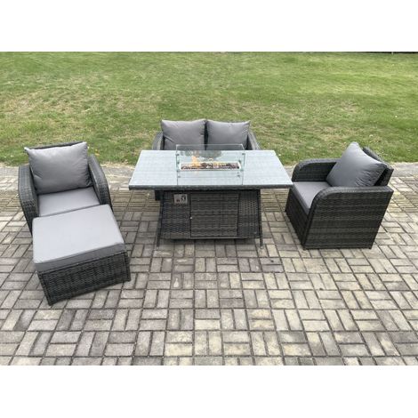 Fimous Rattan Gartenmöbel Set Gas Feuer Grube Esstisch mit Stuhl Liebe Sitz Sofa Fußhocker (1/5)