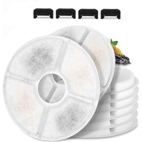 Filtre de rechange pour fontaine à eau pour chat, lot de 6, filtres à charbon ronds pour fontaine automatique pour animaux de compagnie de 2,4 L (81 oz/2,4 L) avec dessus en acier inoxydable (1/5)