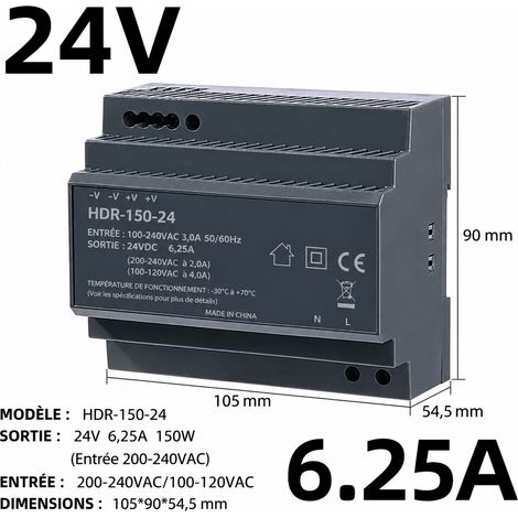 Alimentation sur rail DIN HDR-150-24V transformateur AC-DC 24V 6,25A 150W hdr-150-24v 24 6.25 150 10,5 × 9 × 5,45 cm 230 g – Livraison gratuite