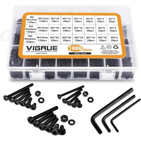1080 Pièces M2 M3 M4 Boulons À Vis En Acier Au Carbone Écrous Et Rondelles Kit D'assortiment De Avec Boîte De Rangement Plat (1080 Pièces) (1/5)