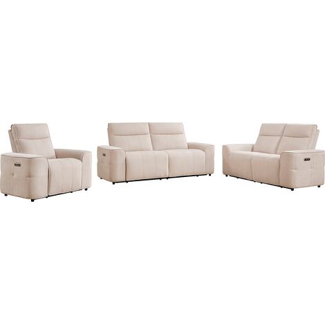Divano 3 posti e 2 posti e poltrona relax elettrica in tessuto ciniglia beige - SCAMOCO