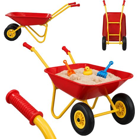 Relaxdays Schubkarre Kinder, rutschfeste Griffe, HBT: 43 x 74 x 36 cm, Metall, Kunststoff, Kinder-Scheibtruhe, rot (1/5)