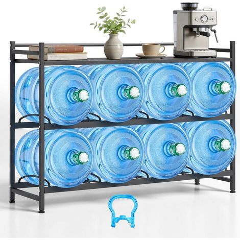 Support de Bonbonne d'Eau, Rack de Rangement pour 8 Bidons de 11L et 19L, 3 Niveaux 4 Rangées, Cadre en Métal avec Étagère de Rangement, pour Cuisine, Bureau, Salon, Design Incliné, Noir (1/5)