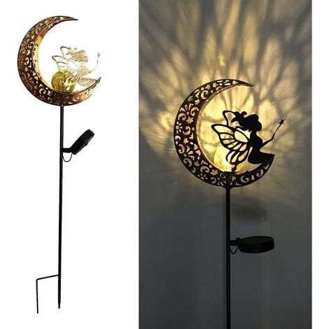 6 pièces Lampe solaire extérieure, piquet lune en métal, lampe de jardin décorative avec motifs projetés, IP65, pour pelouse et allée