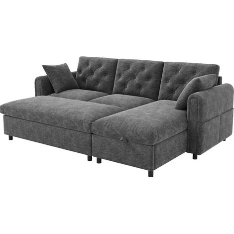 Divano angolare in velluto grigio con chaise longue reversibile e pouf contenitore 219 x 131 x 86 cm (1/5)