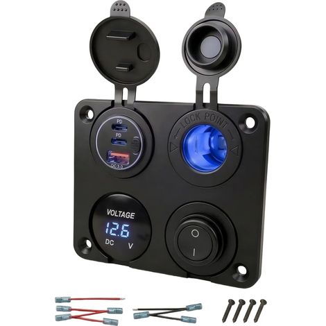 4-in-1 12V USB-C-Steckdose mit 150W Zigarettenanzünderadapter, Dreifach-Ladegerät (max. 75W), blauem LED-Voltmeter und wasserdichtem Wippschalter für Auto, Boot, Wohnmobil und Kfz-Zubehör (1/5)