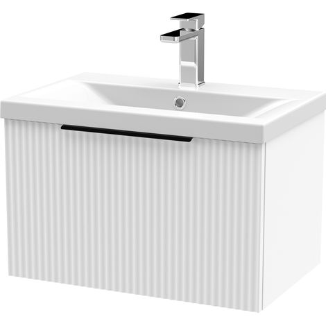 Fluted Front Wall Hung 1-Drawer Bathroom Vanity Unit with 1 Tap Hole Basin, 600mm, Satin White, Black Handles