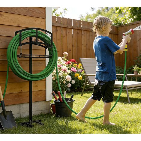Support tuyau arrosage portable, panier rangement, acier noir robuste, contient tuyau 45m, design amovible outils (1/5)