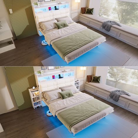 Lit double 140x190 sommier lattes LED rangement USB blanc (1/5)